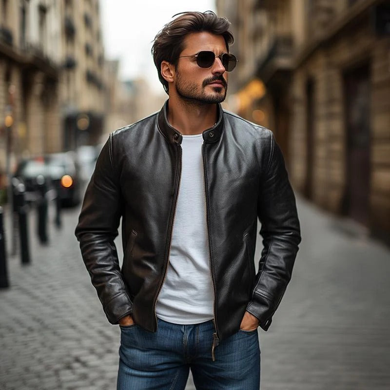 Lederjacke Slim Fit Stehkragen Modernes Design - IdealeKleiden
