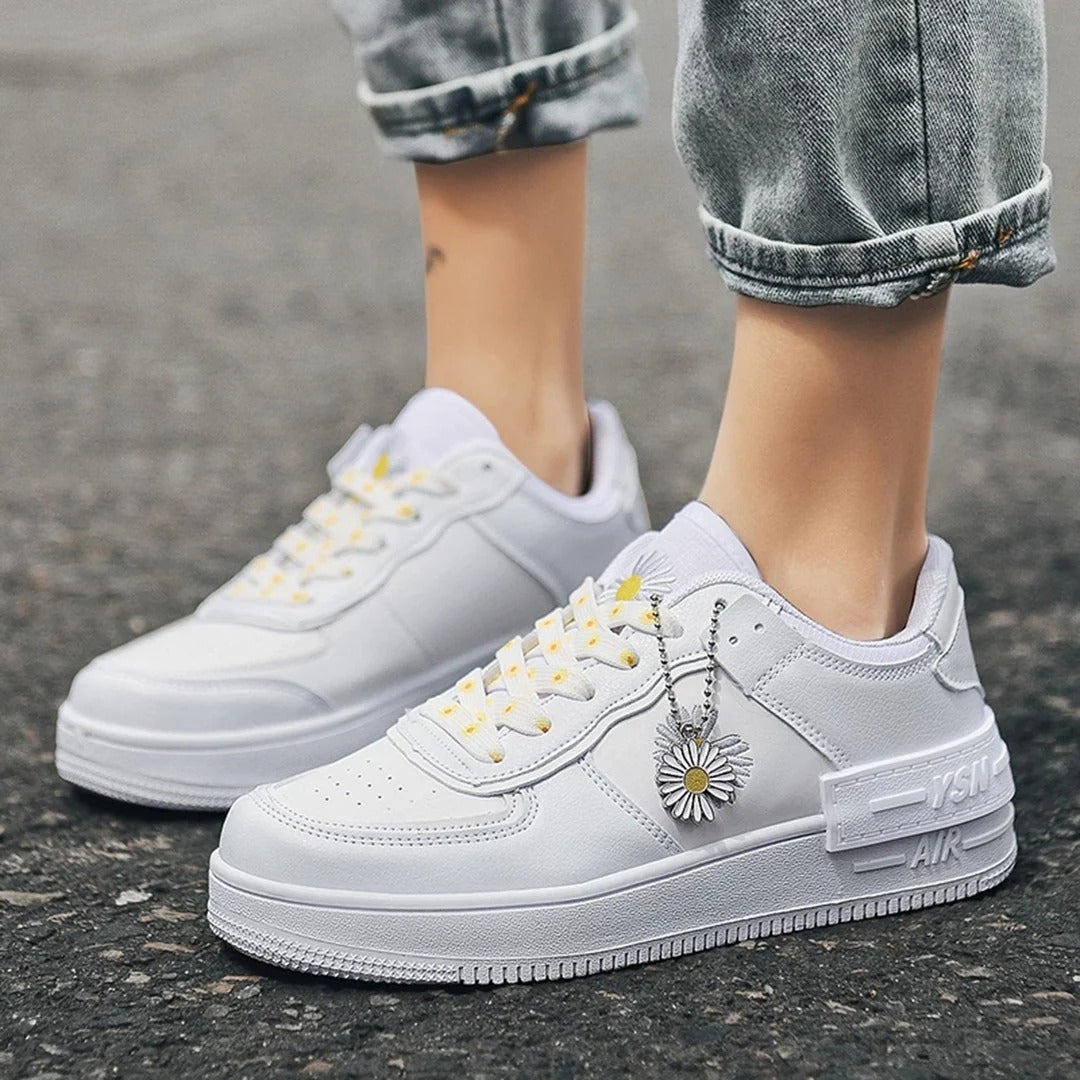 Damen Sneaker Low Top atmungsaktiv Spitze Komfort Leder Optik - IdealeKleiden