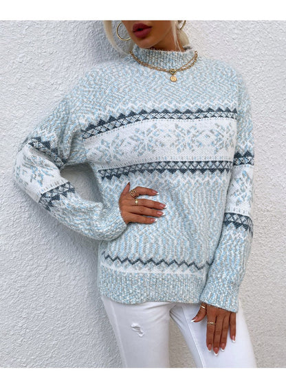 Soft Wool Sweaters Casual Snow Pattern High Collar