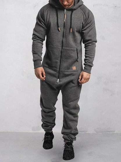 Lässige Fleece Jumpsuit Kapuze Reißverschluss Taschen