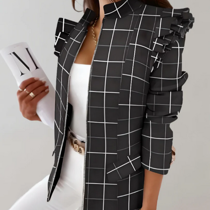 Stylish Check Dress With Ruffled Shoulders