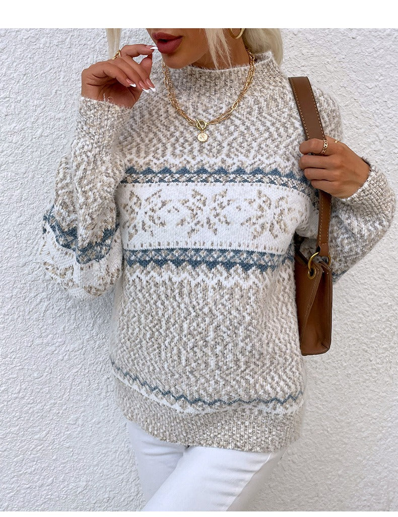 Soft Wool Sweaters Casual Snow Pattern High Collar