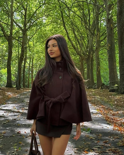 Stylish Cape Jacket With Belt and Pockets