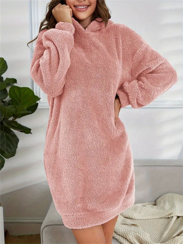 Oversized Teddy Hoodie Dress → Loose Teddy Dress Hoodie Oversize