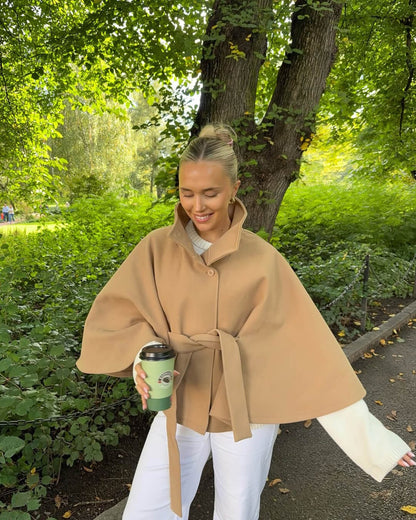 Stylish Cape Jacket With Belt and Pockets