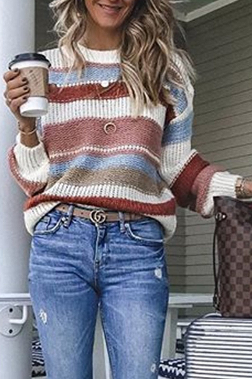 Kuschelige Wollstrickjacke Lange Ärmel Rundhals - IdealeKleiden