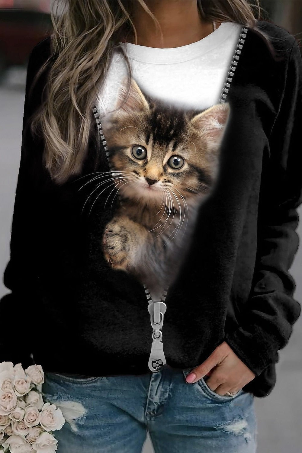 Katzenkleid Lässig Langarm Baumwolle - IdealeKleiden