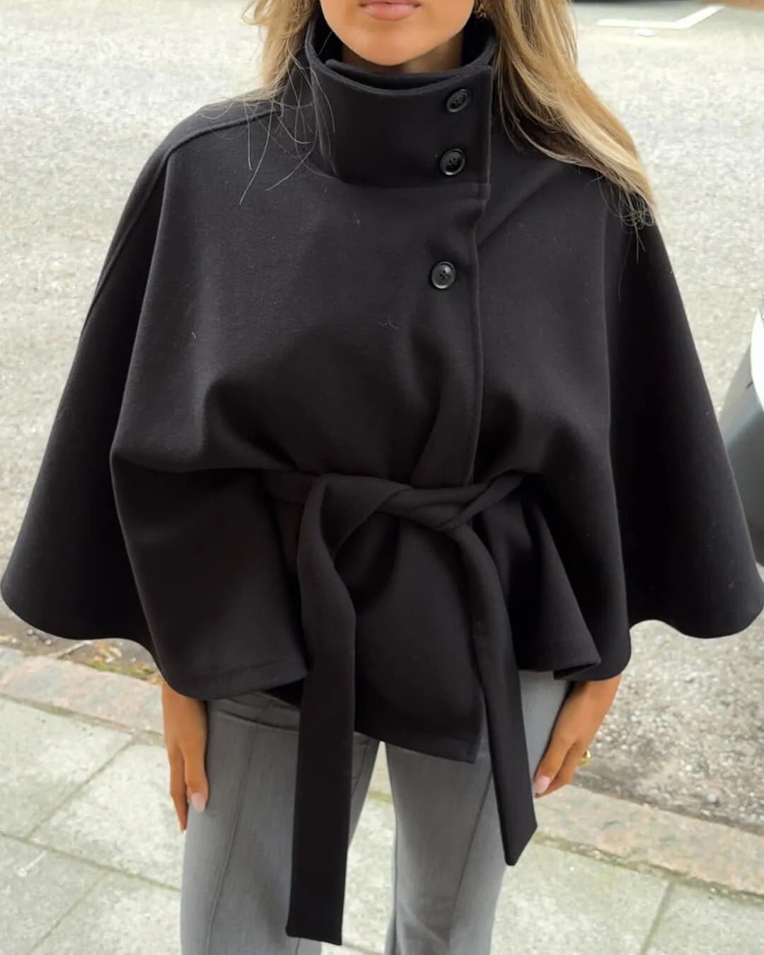 Stylish Cape Jacket With Belt and Pockets