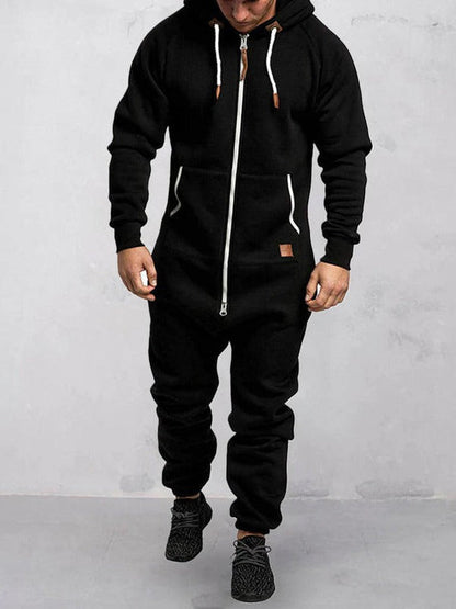 Lässige Fleece Jumpsuit Kapuze Reißverschluss Taschen