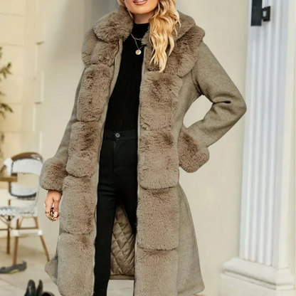 Women's Trench Coat Wool Blend Loose Fit Faux Fur