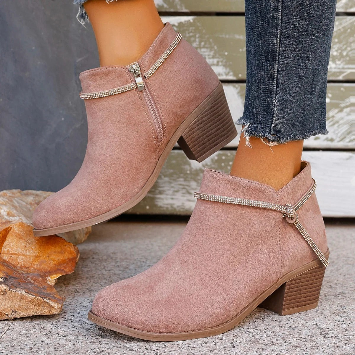 Stylish Ankle Boots Suede Look Block Heel