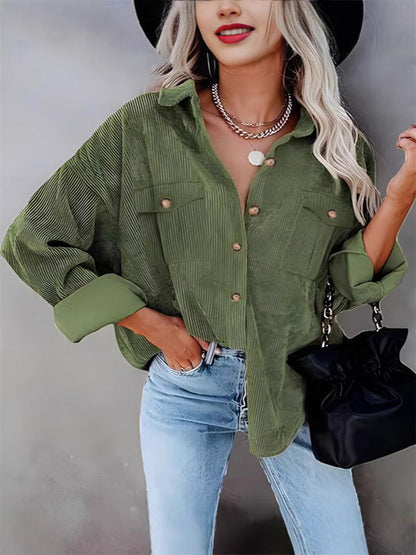 Wide Corduroy Dress Long Sleeve Button Closure Hip-length