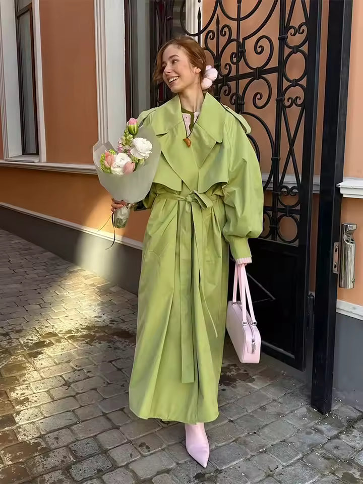 Women's Large Green Oversized Belted Trench Coat