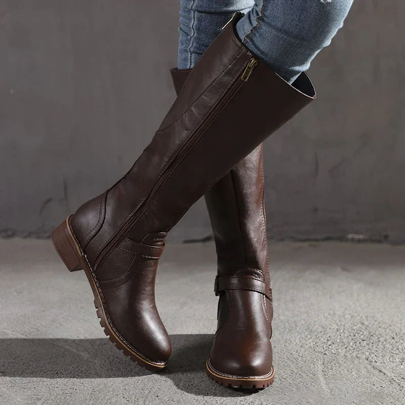 Knee-length Boots Slim Buckles Leather Look