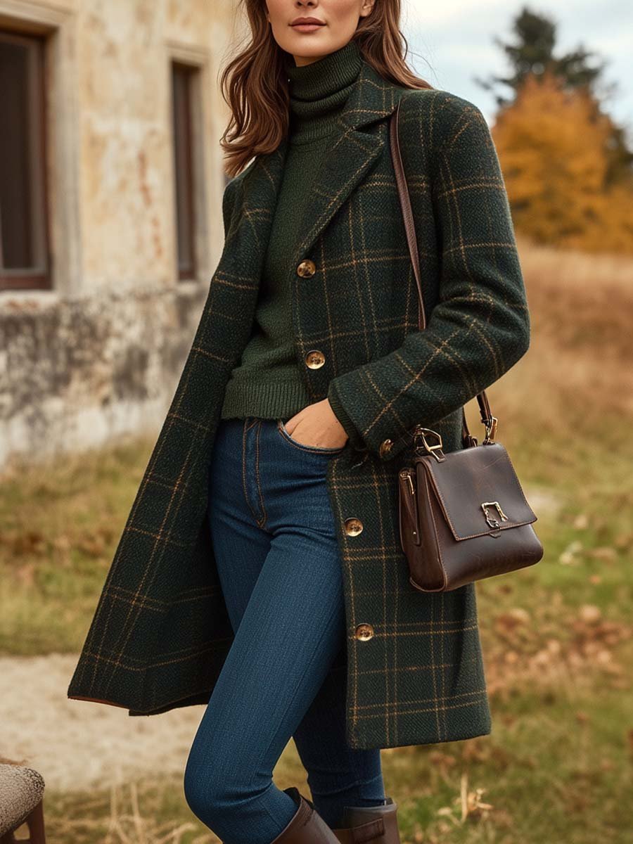 Women's Winter Coat Brown Plaid Modern