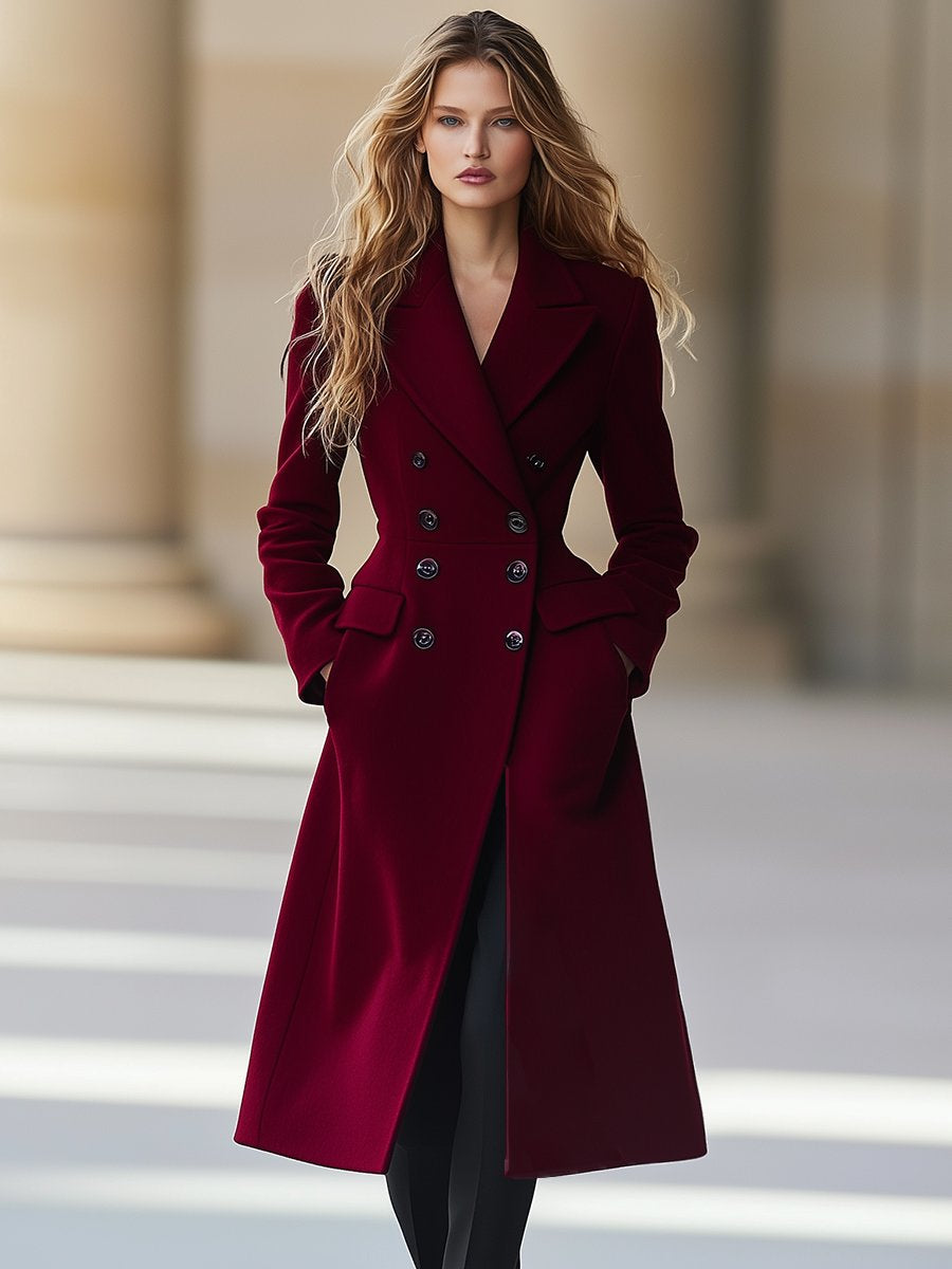 Elegant Women's Coat Wine Red Double-Breasted