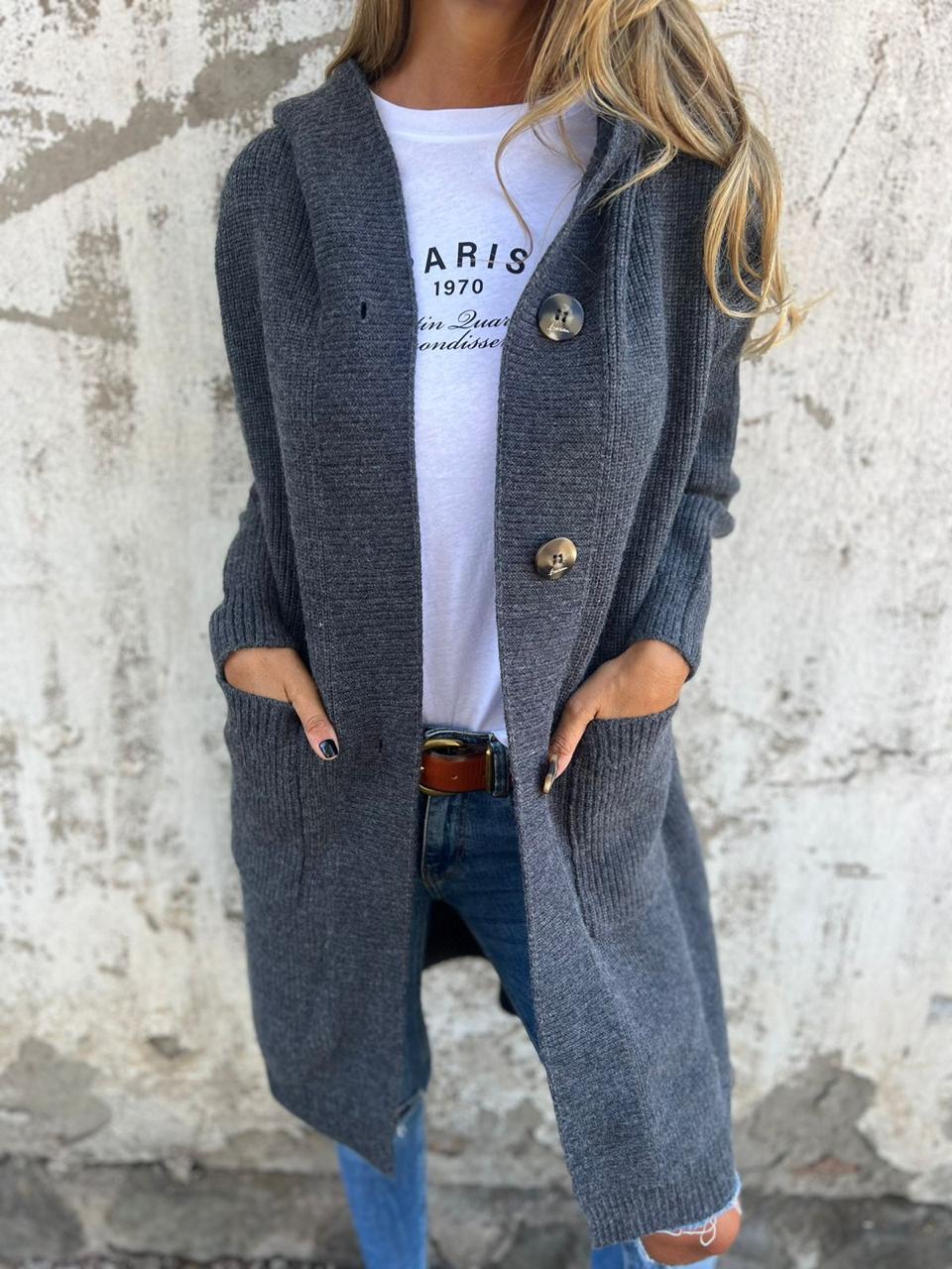 Long Open Cardigan with Buttons & Pockets