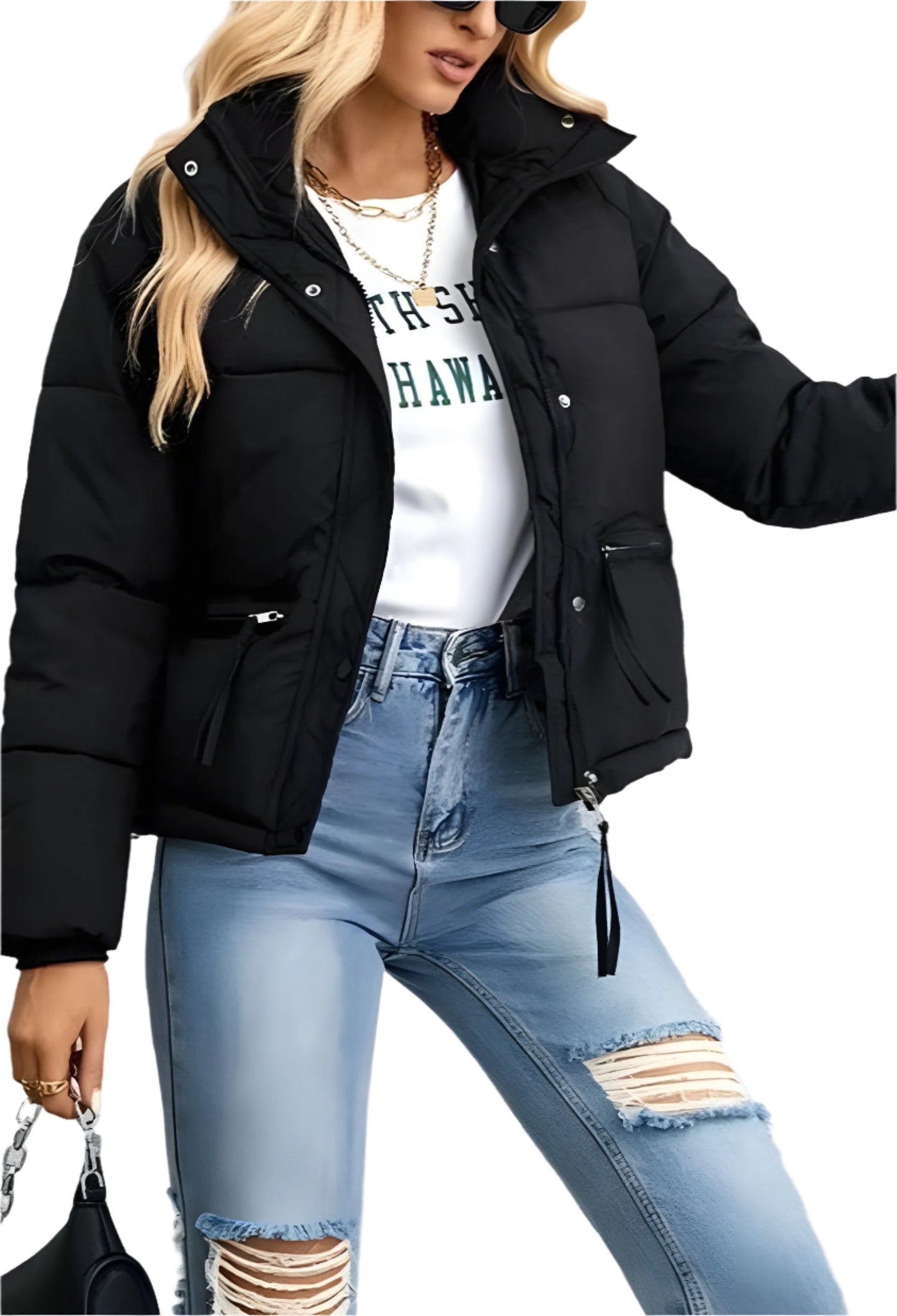 Women's Warm Puffer Jacket with Zipper and High Collar → Women's Warm Insulated Modern Winter Jacket