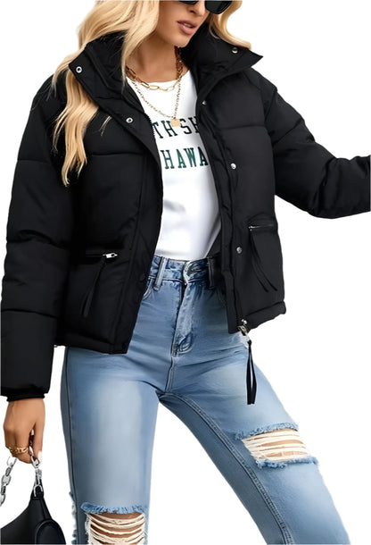 Women's Warm Puffer Jacket with Zipper and High Collar → Women's Warm Insulated Modern Winter Jacket