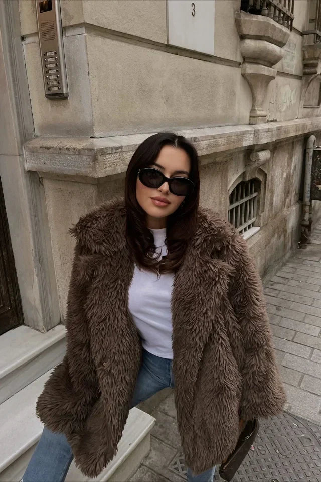 Soft Plush Coat Brown Fur Look