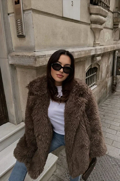 Soft Plush Coat Brown Fur Look