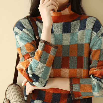 Stylish Turtleneck Sweater Patchwork Design
