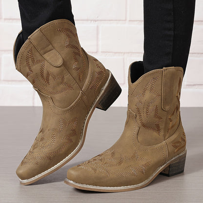 Women's Western Boots Embroidered Leather Pointed Ankle High Block Heel