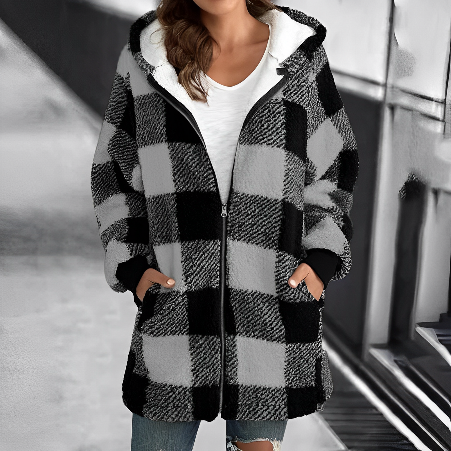 Modern women's coat with hood
