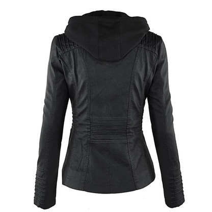 Stylische Lederjacke Damen Kapuzenmantel - IdealeKleiden