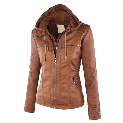 Stylish Women's Leather Jacket with Hood
