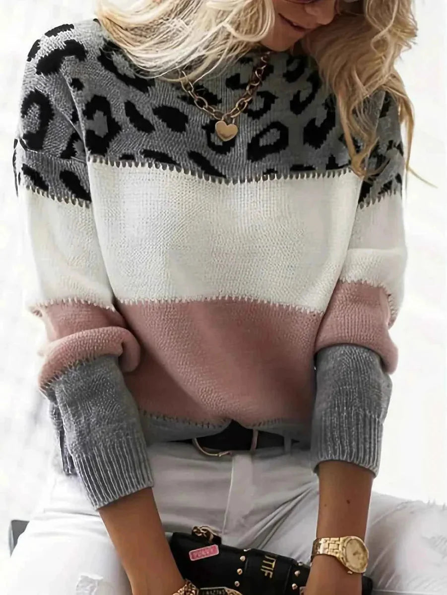 Damen Pullover Leopardenmuster Trendy Colorblock - IdealeKleiden