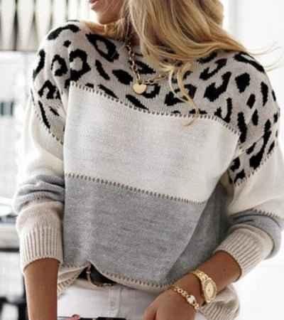 Women's Sweater Leopard Print Trendy Color Block