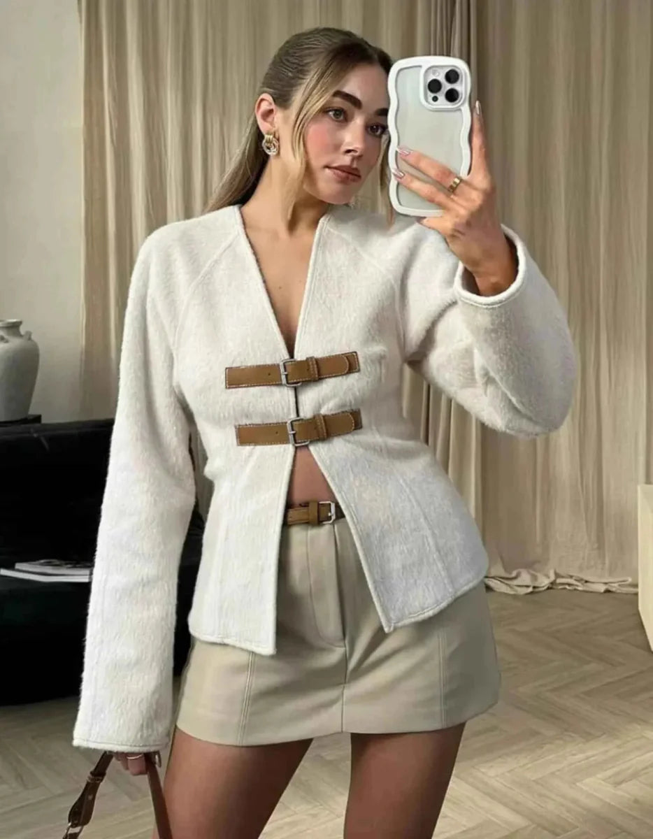 Elegant Women's Knit Cardigan with Buckles