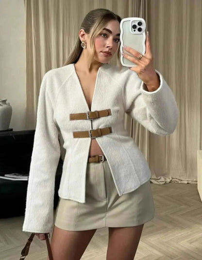 Elegant Women's Knit Cardigan with Buckles