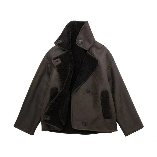 Stylische Faux-Schafwoll-Jacke Motorrad-Look - IdealeKleiden