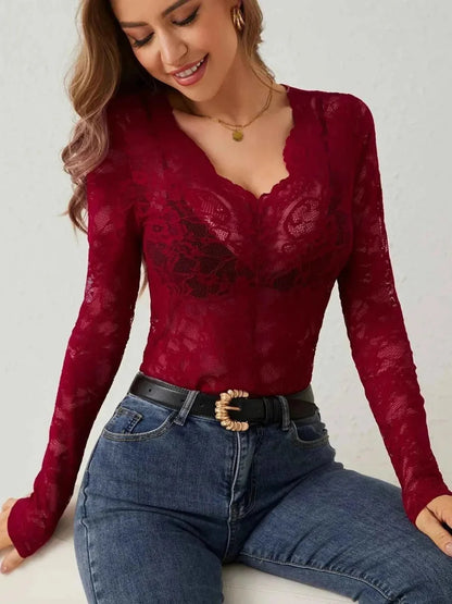 Sheer Lace Blouse Sweetheart Neckline