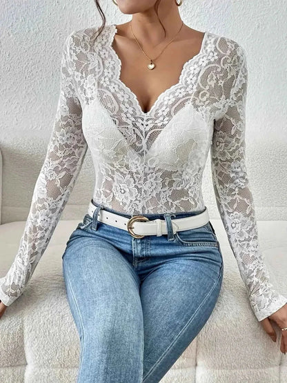 Sheer Lace Blouse Sweetheart Neckline