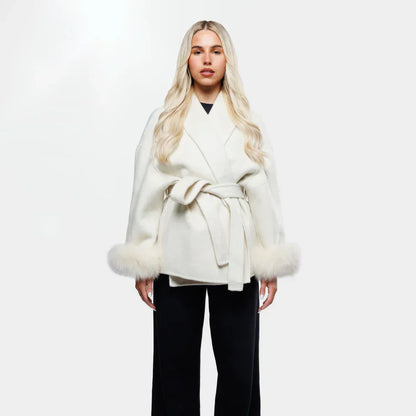 Elegant wool jacket with belt and faux fur cuffs