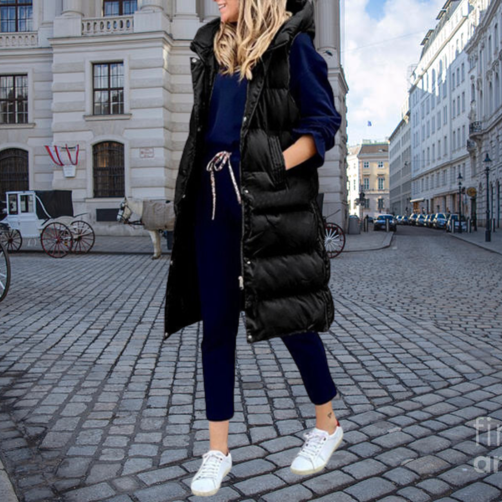 Long Padded Quilted Jacket with Hood and Pockets