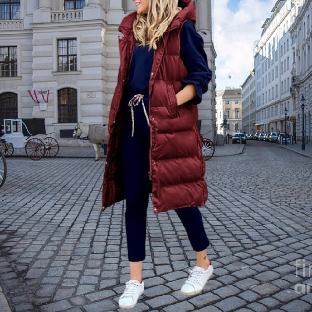 Long Padded Quilted Jacket with Hood and Pockets