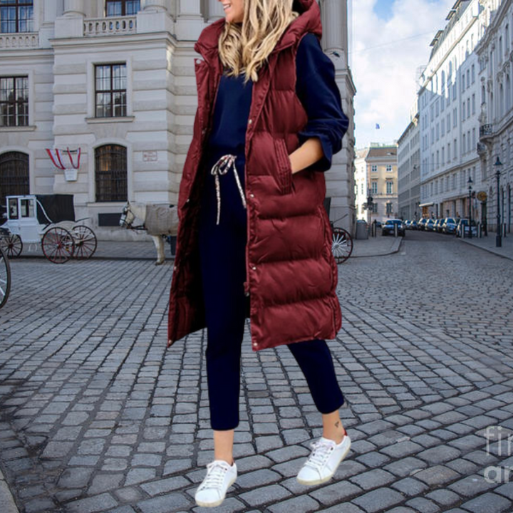 Long Padded Quilted Jacket with Hood and Pockets