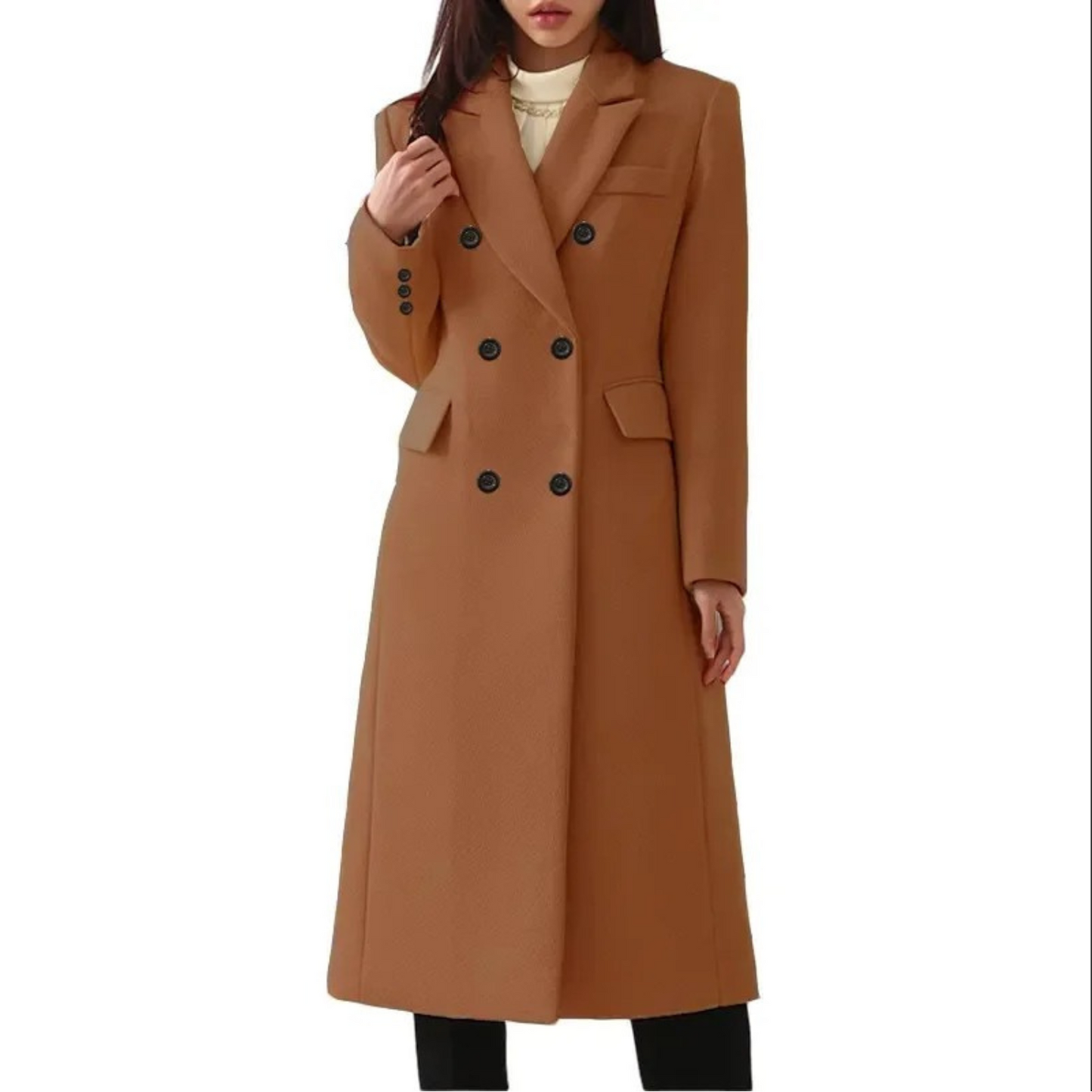 Elegant Women's Long Winter Coat Wool Double Collar