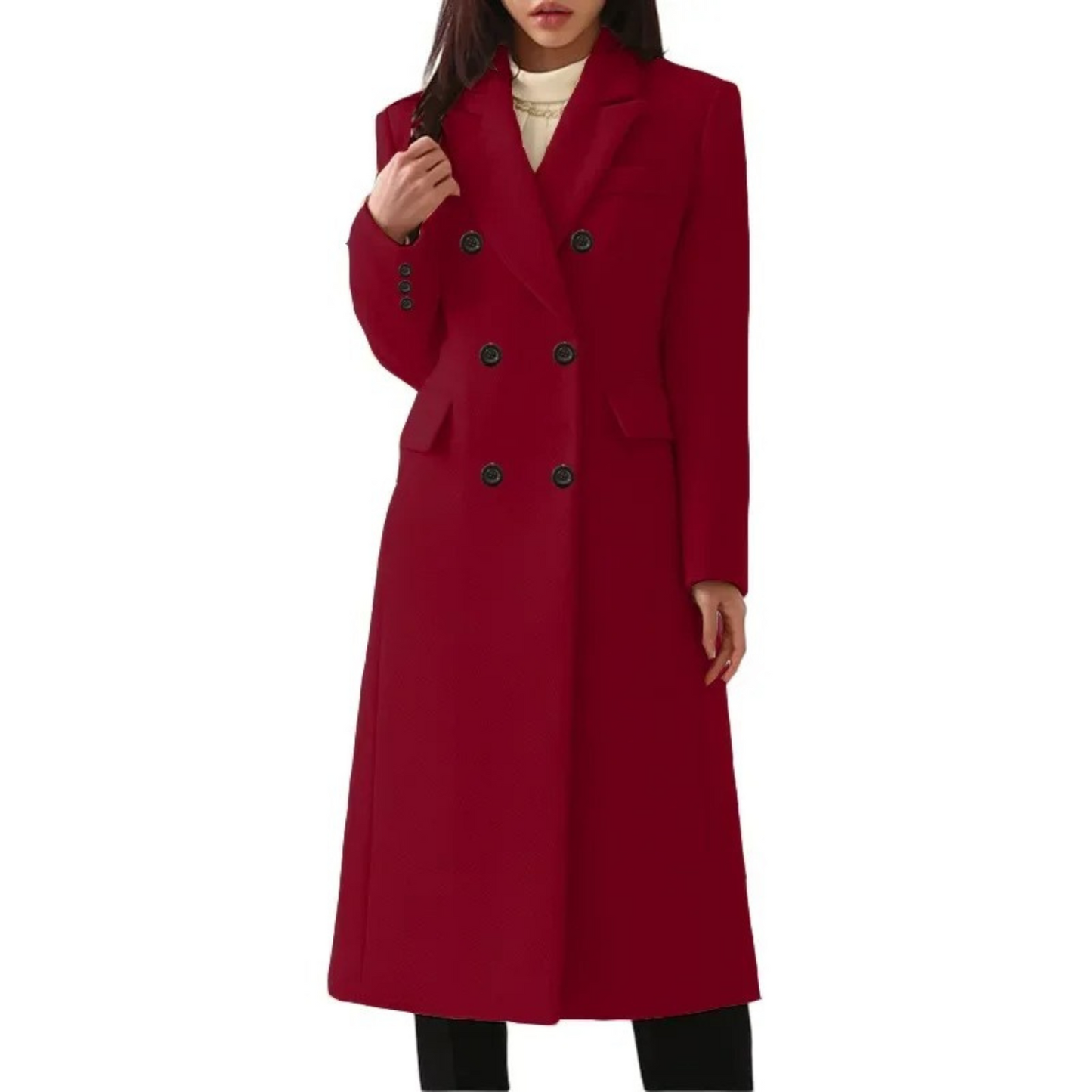 Elegant Women's Long Winter Coat Wool Double Collar