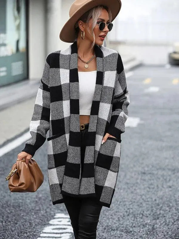 Fashionable Cardigan Plaid Pattern Women's Sweater