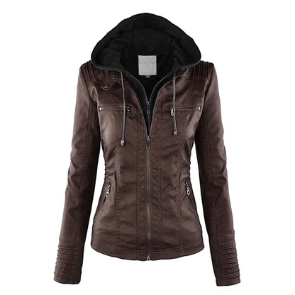Elegant Women's Leather Jacket Hood Style