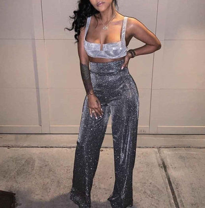 Glitter Flared Trousers High-Waisted PartyOutlet