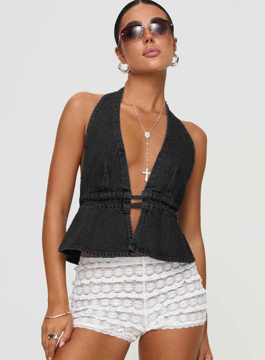 Women's V-Neck Crop Top with Waistband