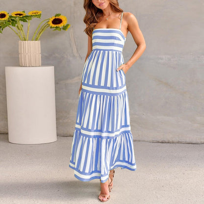 Ocean Blue Maxi Summer Dress Striped Lace Skirt