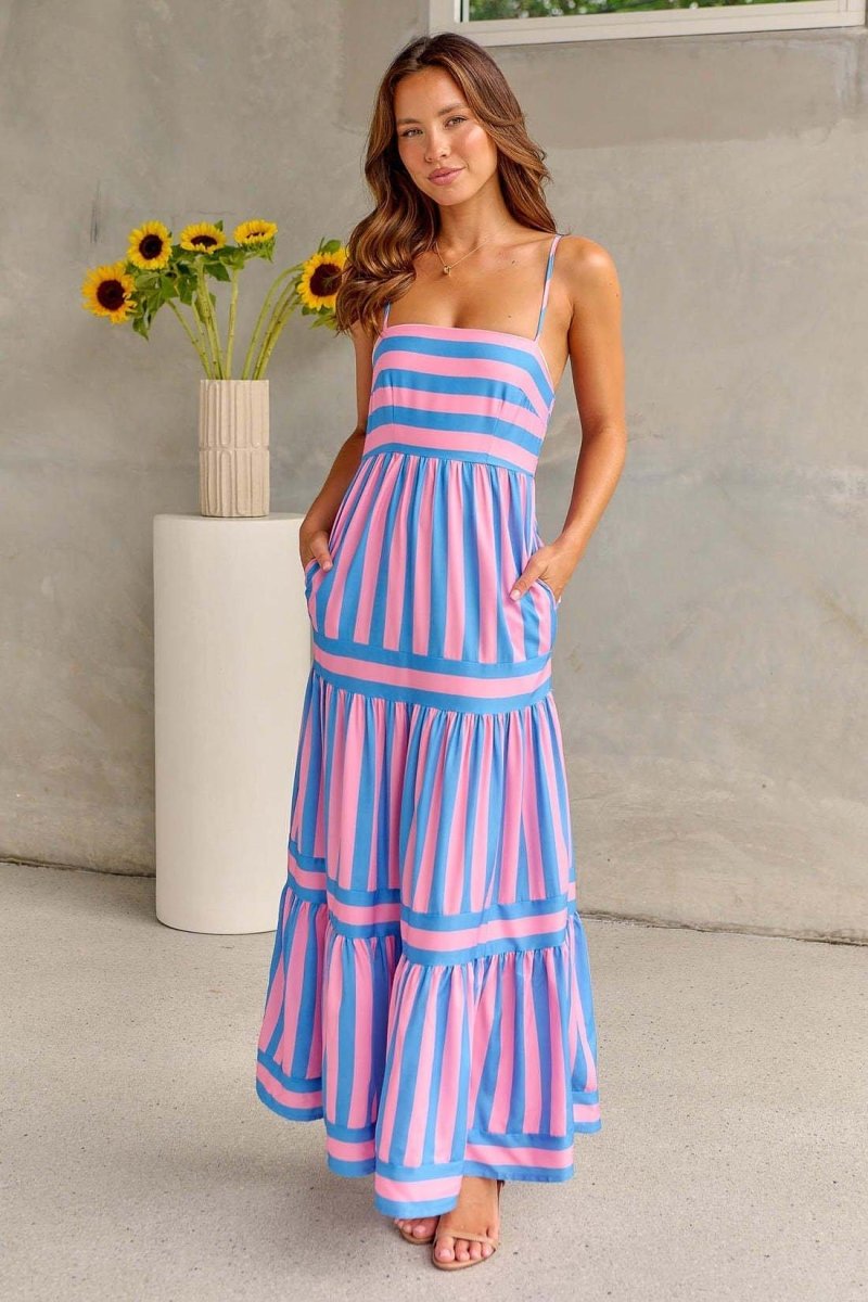 Ocean Blue Maxi Summer Dress Striped Lace Skirt