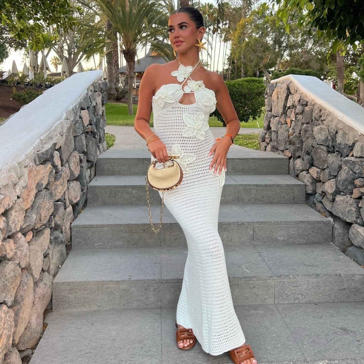 Crocheted Maxi Dress 3D Flowers Halterneck Summer
